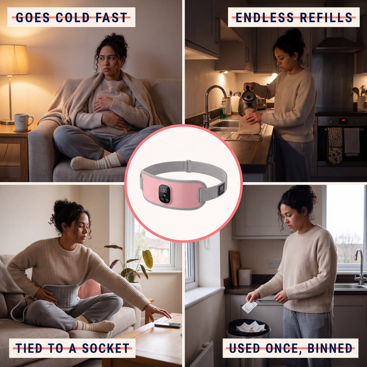 Hot-water bottle, plug-in heat pad and heat patches compared with the Kalmi cordless heat belt