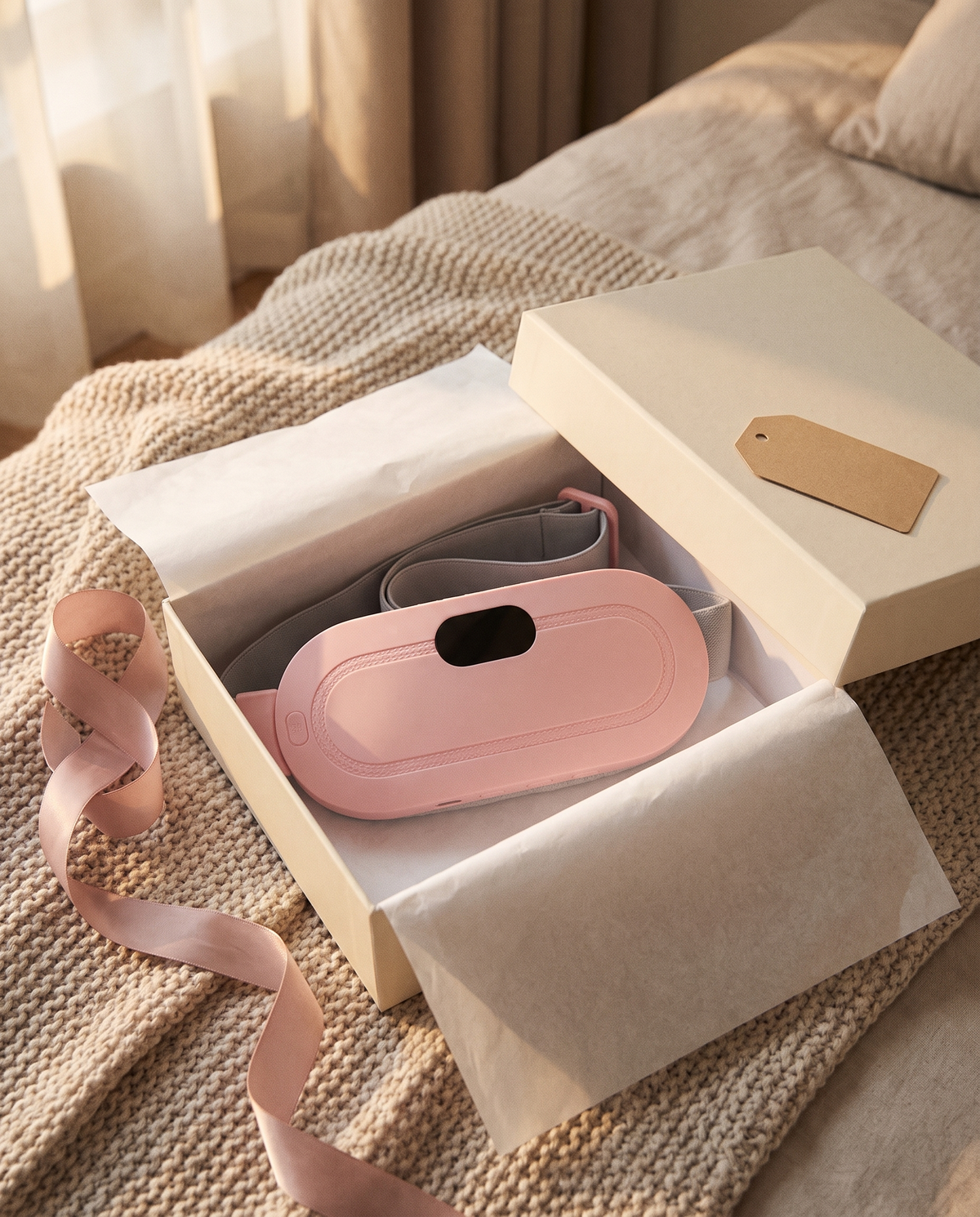 Kalmi heat and massage belt in an open gift box with a pink ribbon