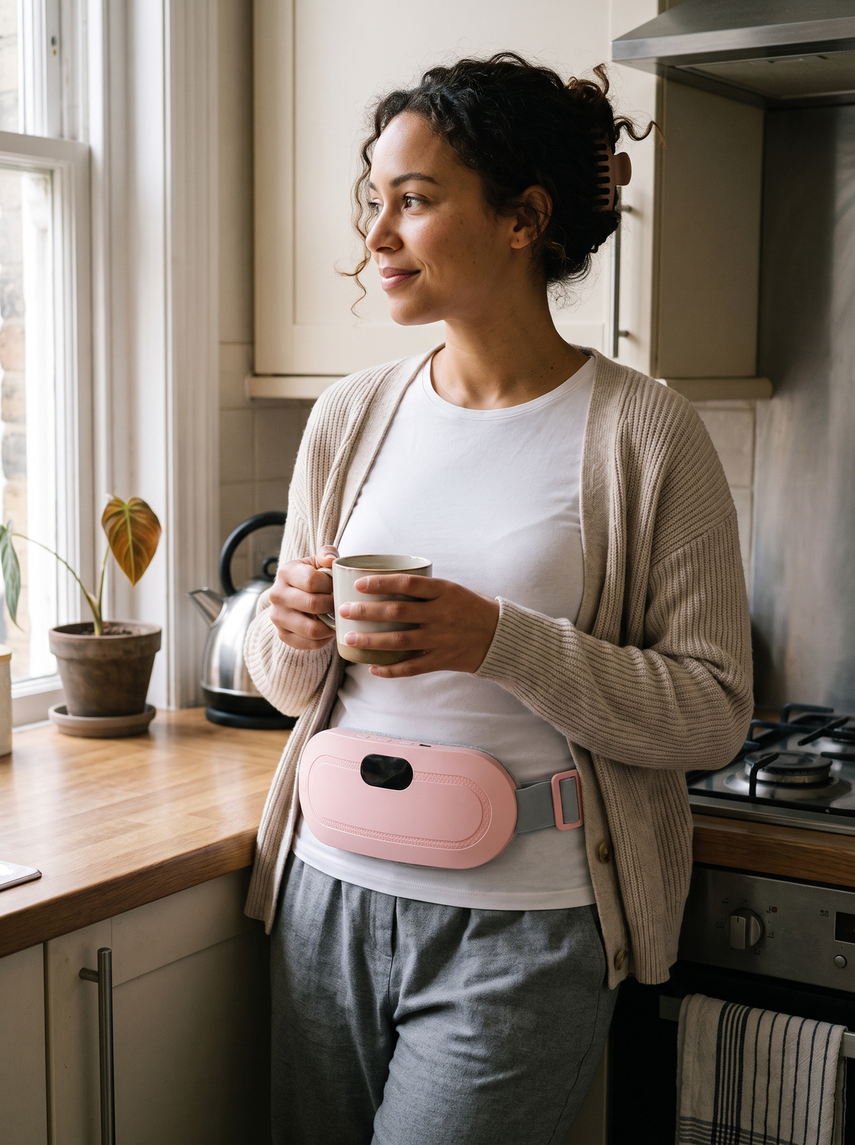 Woman wearing the Kalmi heat belt in her kitchen with a cup of tea