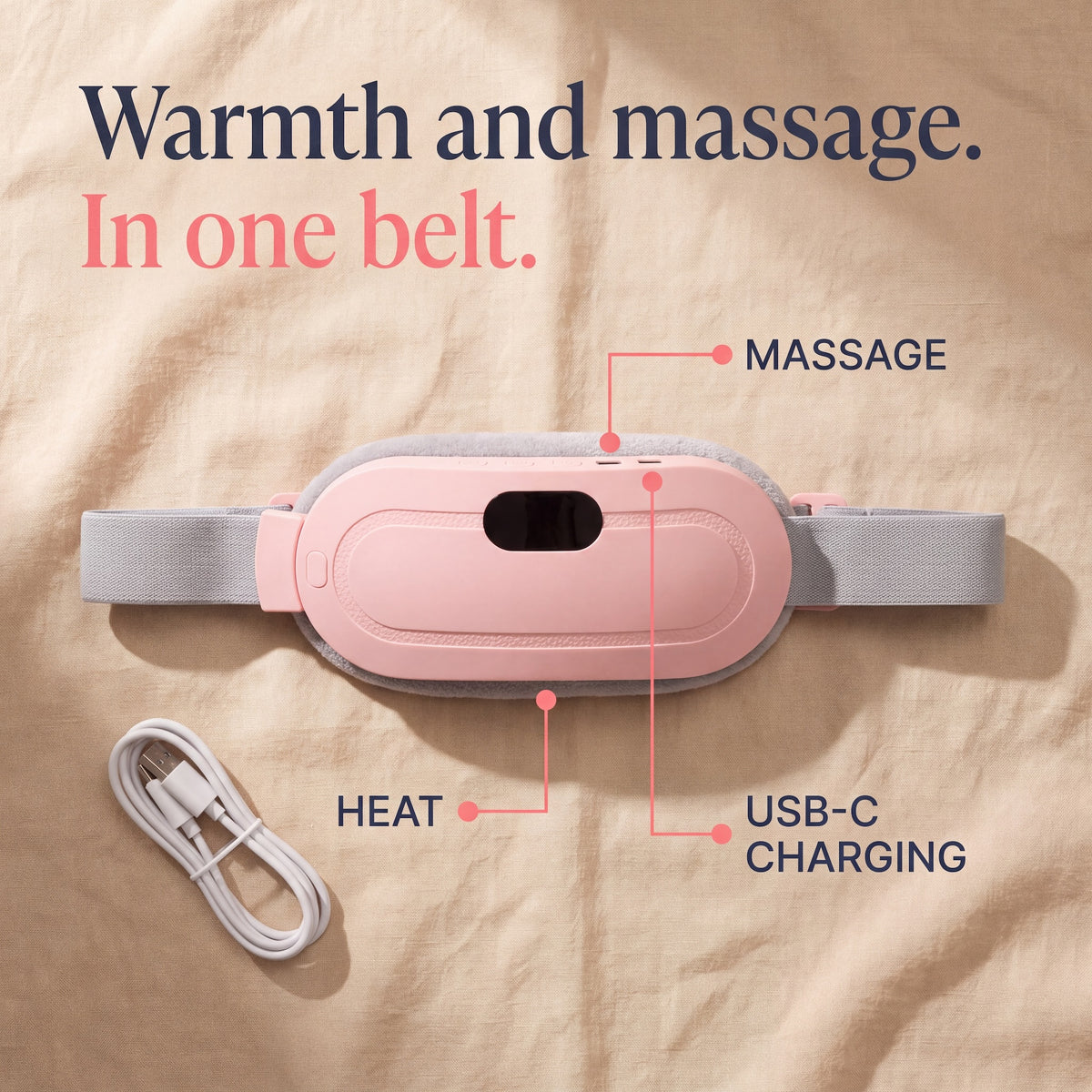 Kalmi heat and massage belt flat-lay showing heat pad, massage button and USB-C charging port