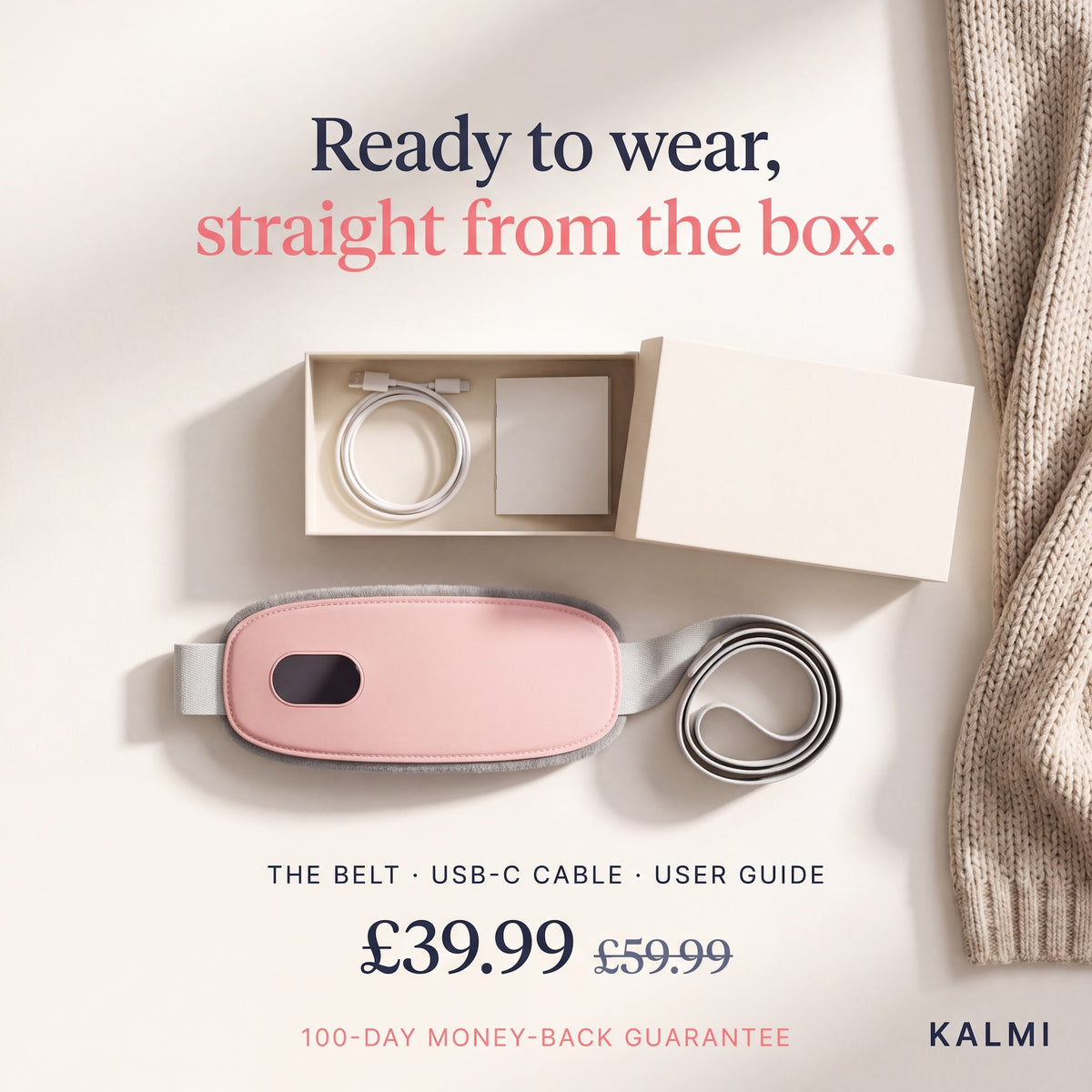 Kalmi heat and massage belt with USB-C cable and user guide in the box