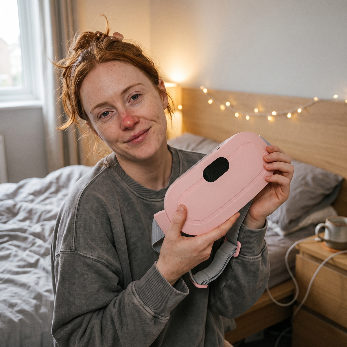 Woman in her bedroom holding the Kalmi heat and massage belt