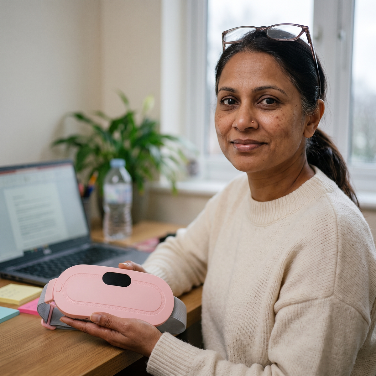 Woman at her home desk holding the Kalmi heat belt