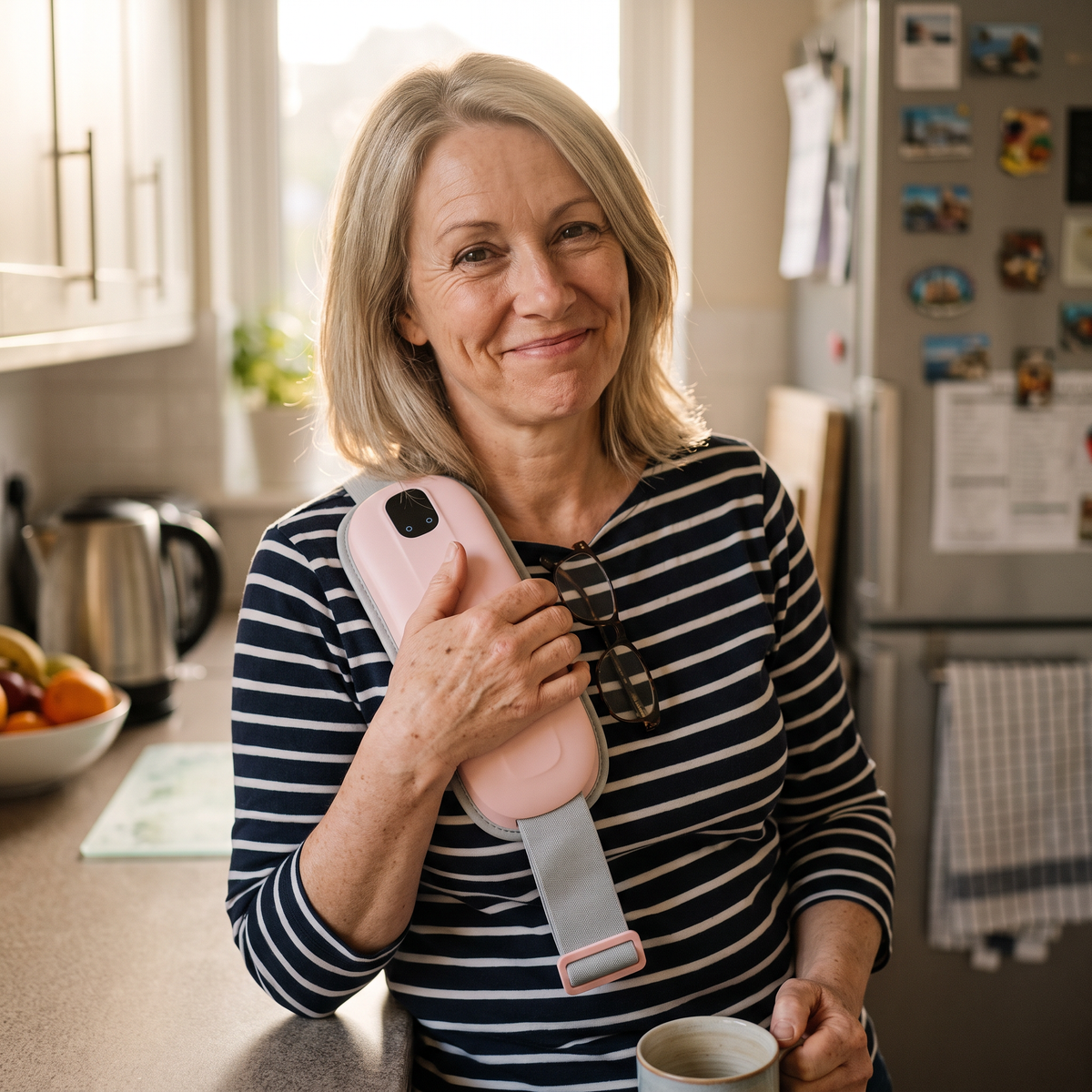Woman in her kitchen holding the Kalmi heat belt and a mug