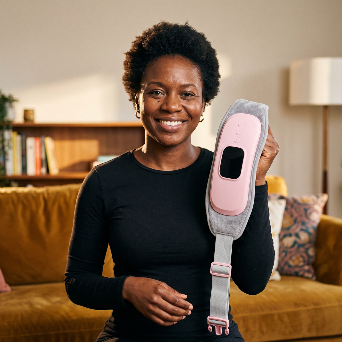 Woman in her living room holding up the Kalmi heat belt