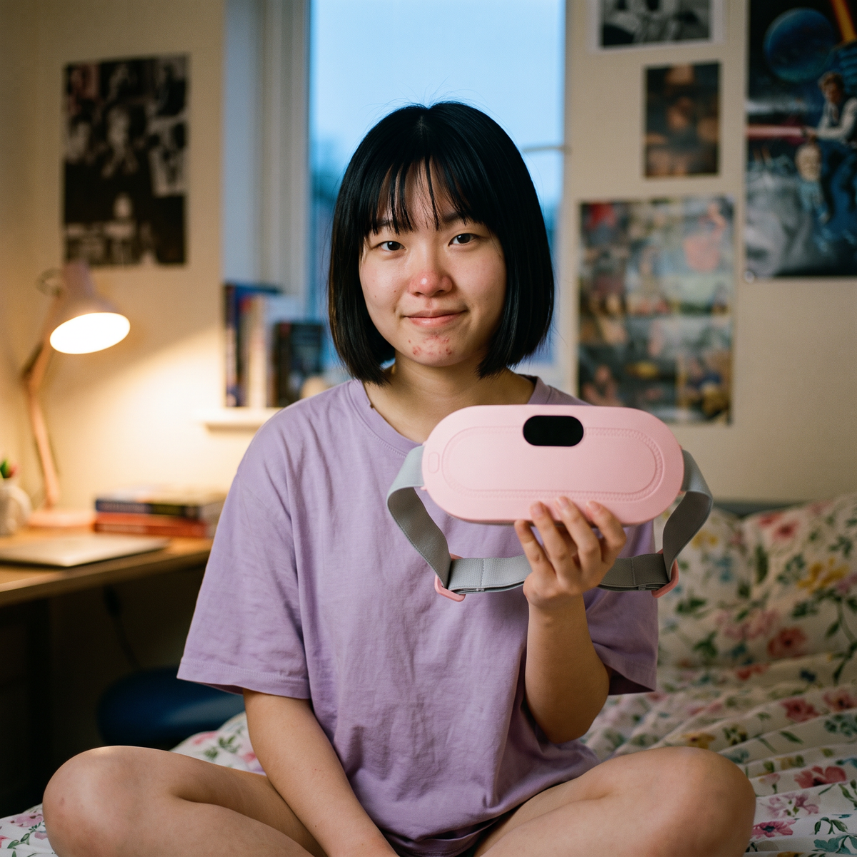 Student in her room holding the Kalmi heat belt