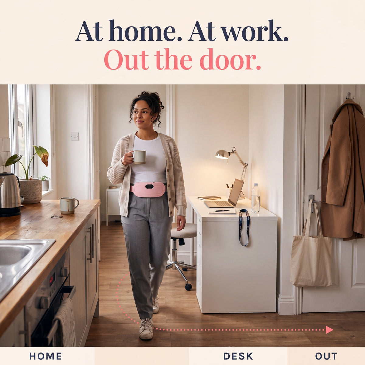 Woman wearing the Kalmi heat belt while walking from her kitchen to her desk